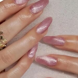 Secret Lives Glossy Cats Eye Reusable Artificial stiletto shape Dark Pink Color Fake Nail 24 PCS Set Lightweight & Long Lasting| Easy To Use Press on Nails with Kit